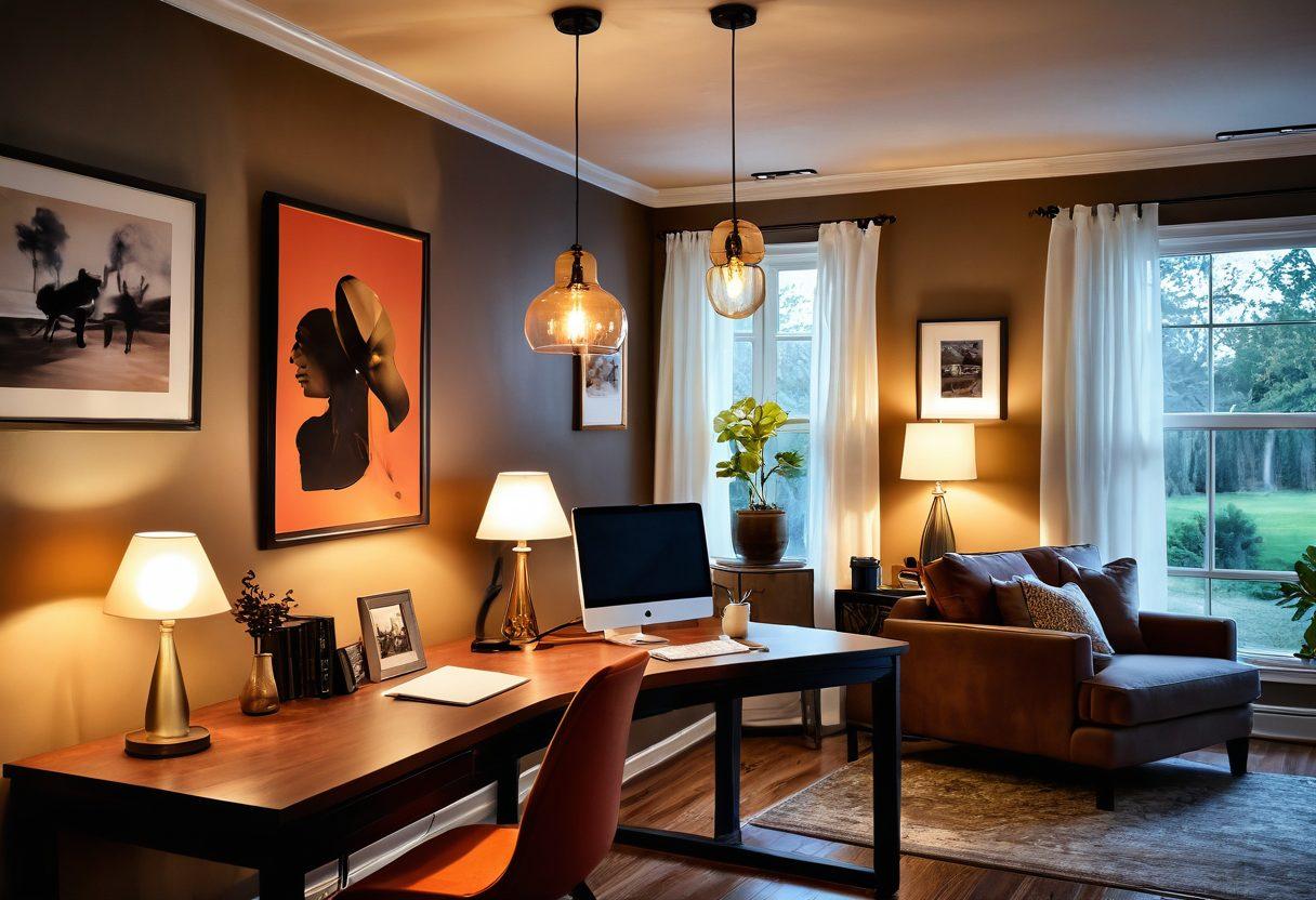 A bright, beautifully lit modern living room featuring a diverse array of stylish light fixtures, both pendant and table lamps, illuminating various corners. Include a cozy workspace with an elegant desk lamp and electrical outlets strategically placed. In the background, a home renovation scene with an electrician demonstrating energy-efficient solutions. Warm colors to evoke comfort and inspiration. super-realistic. vibrant colors. cozy atmosphere.