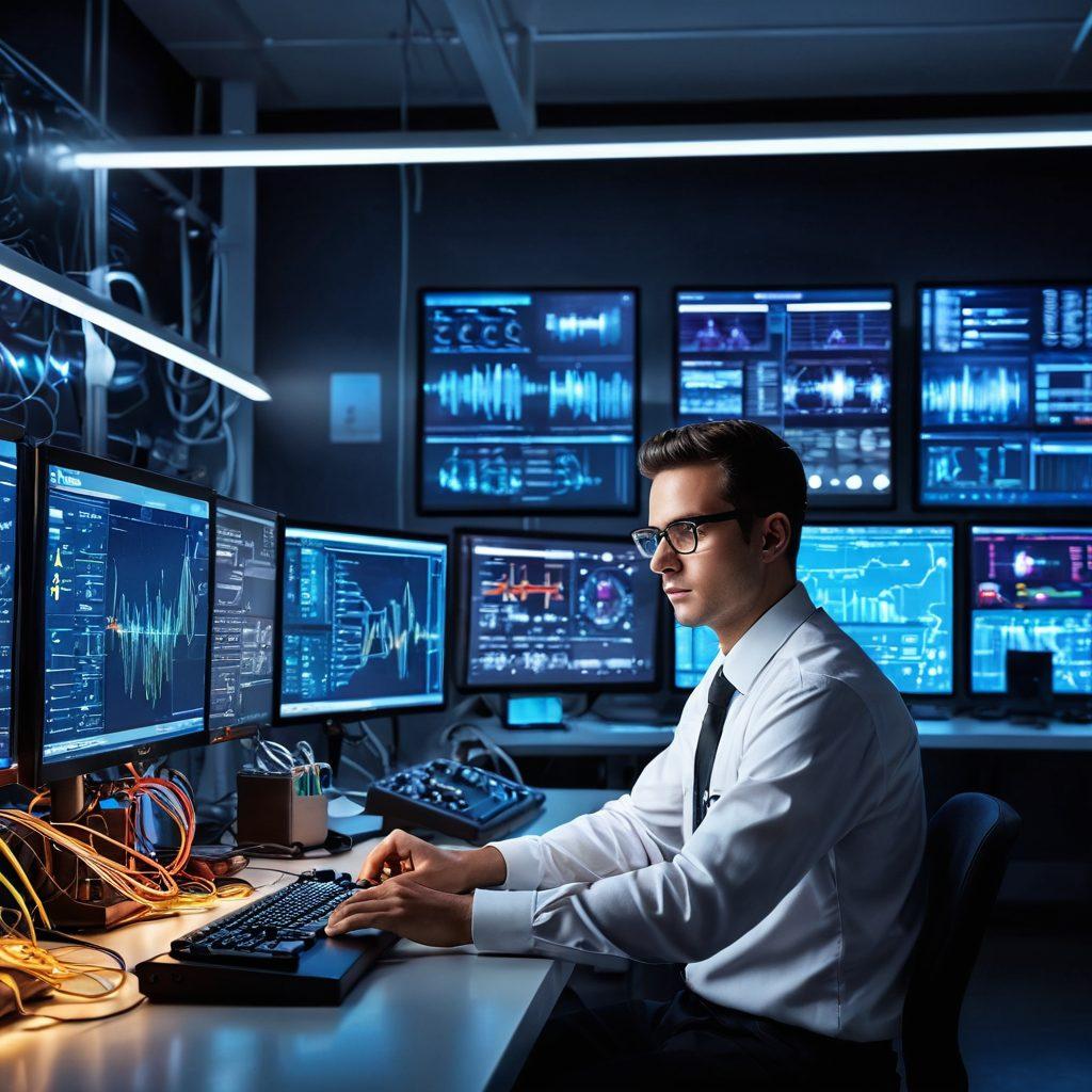 A bright and modern electrical engineering workspace featuring a confident technician working on high-tech equipment, illuminated with vivid light to signify optimal performance. The scene includes glowing wires, digital screens displaying energy analytics, and tools artfully arranged. A backdrop of dynamic electrical diagrams and vibrant lightbulbs to symbolize creativity and innovation. super-realistic. vibrant colors. 3D.