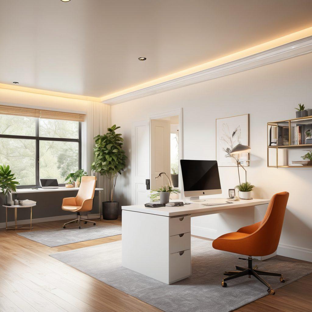 A modern home seamlessly transitioning into a sleek office environment, showcasing tailored electrical solutions like smart lighting and energy-efficient appliances. Include a family interacting with these innovations, along with an electrician customizing devices to fit their needs. Bright and inviting ambiance with a blend of tech elements. super-realistic. vibrant colors. 3D.